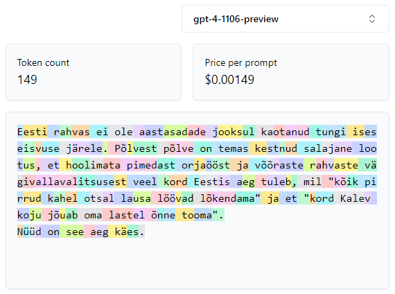 GPT-4 keelemudeli hind kujuneb sisend-tokenite arvust ja tokeni hinnast. GPT4 väljastab ka oluliselt rohkem teksti kui GPT 3.5