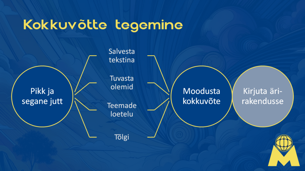 Kokkuvõtte tegemine Pikka ja segane jutt salvesta tekstina tuvasta olemid teemade loetelu tõlgi moodusta kokkuvõte kirjuta ärirakendusse