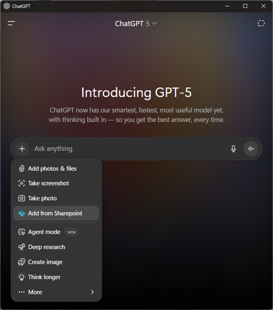 ChatGPT GPT-5 kasutajaliides. GPT tööriisitad foto, SharePoint, Deep Research, Create Image